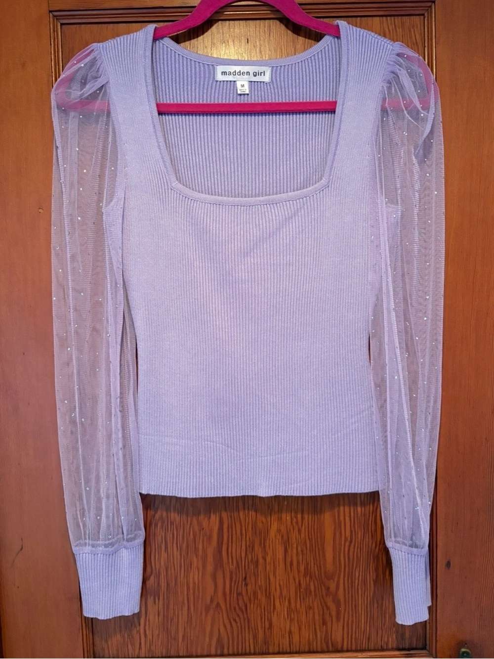 Madden Girl Lavender Ribbed Top with Sheer Sparkly Puff Sleeves